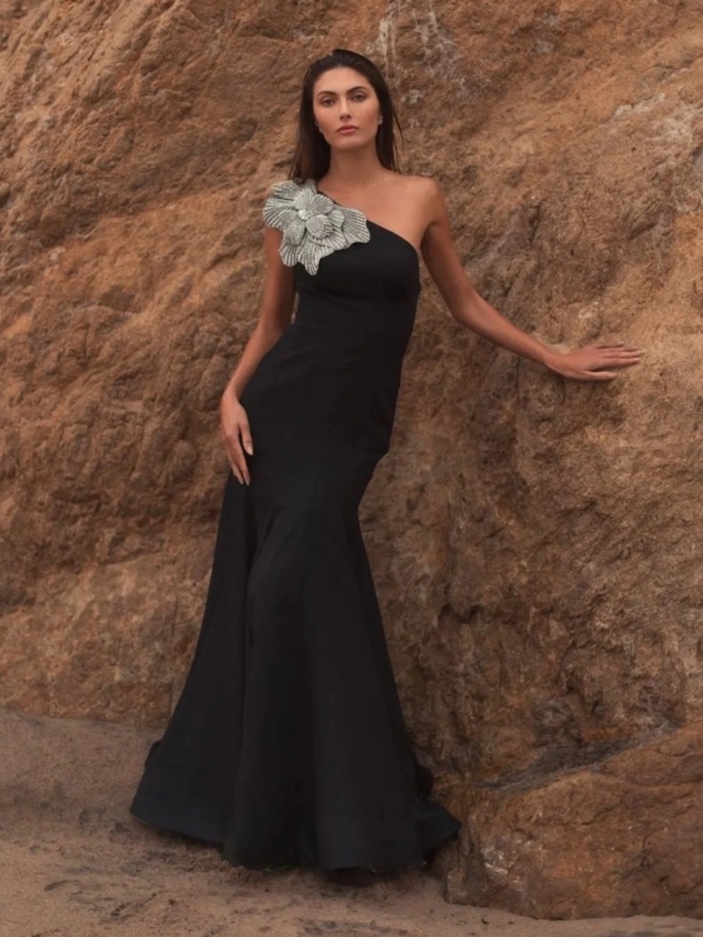 MAC DUGGAL Black Crepe One Shoulder Gown With Crystal Flower